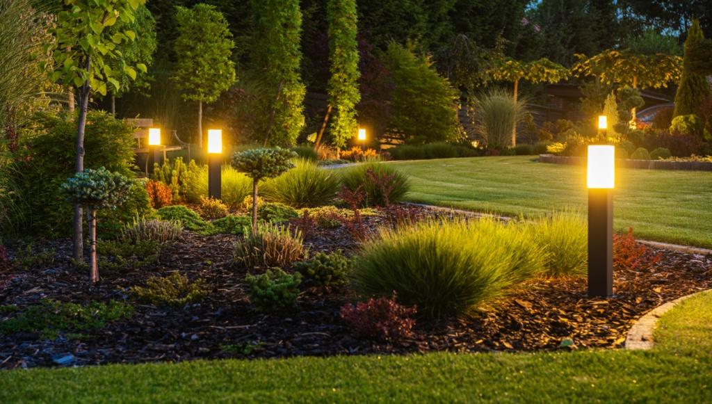 LED灯柱在夜间照亮后院花园的全景照片.